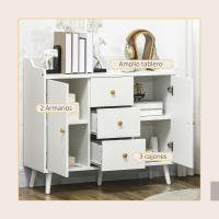 HOMCOM Aparador de Salón Moderno Aparador de Cocina con 2 Puertas 3 Cajones y Patas de Madera de Pino para Comedor Pasillo Dormitorio 90x32x80 cm Blanco - details 3