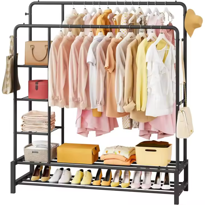 Perchero de Metal, 170x120x52cm,2 Varillas y 4 Ganchos para Colgar, Ropa Perchero de Gran Capacidad de Carga, Perchero Burro con 3 Estantes Laterales y 2 Estantes Inferiores,Burro Ropa - 1