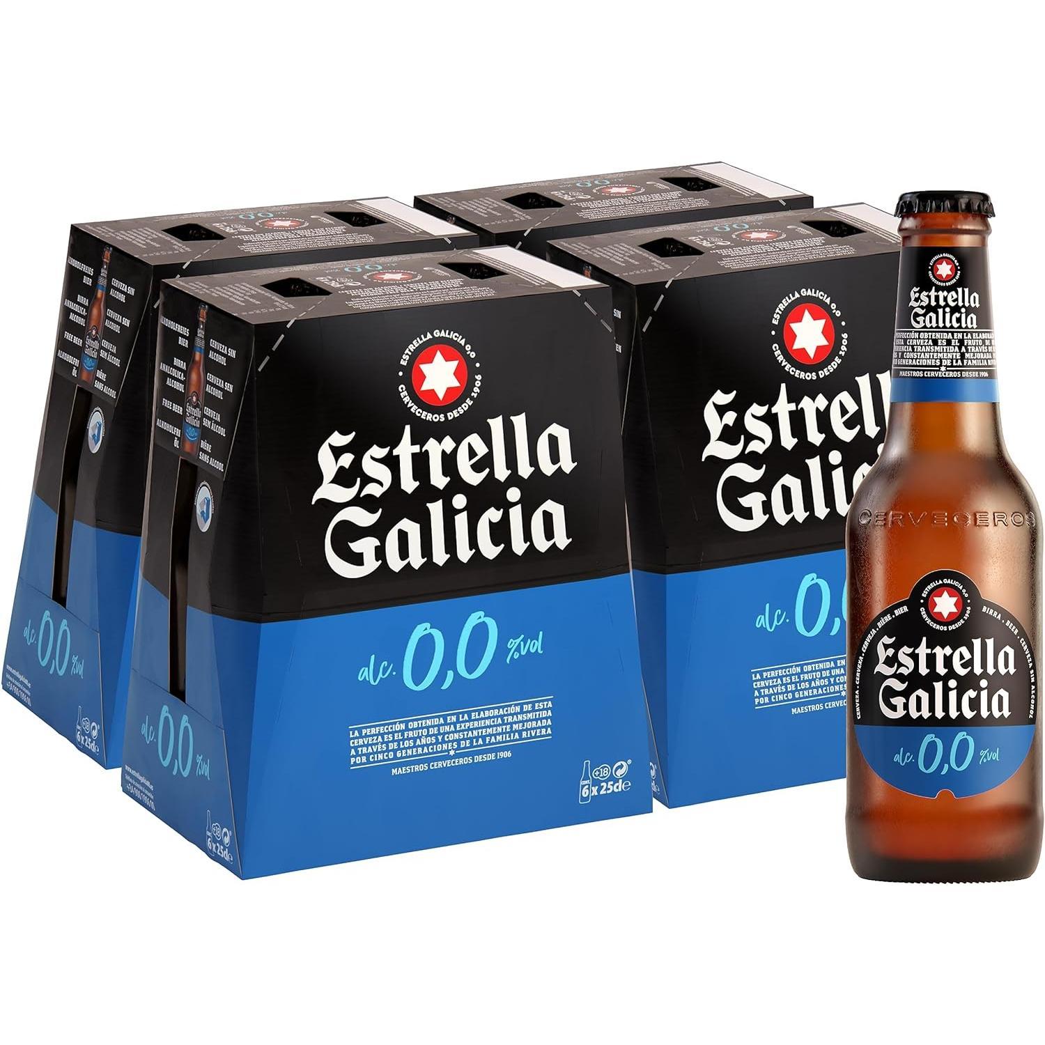 Estrella Galicia 0,0 - Cerveza Lager sin Alcohol, Pack de 24 Botellines x 25 cl, Cerveza tipo Pilsen, 0% Volumen de Alcohol