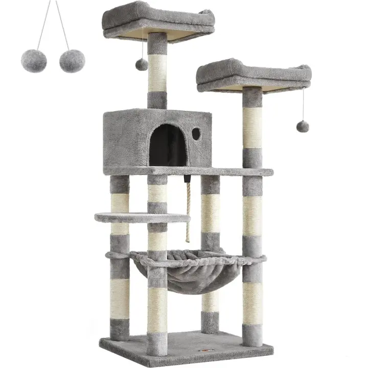 Feandrea Árbol para Gatos de Altura 143 cm, Torre para Gatos, con 11 Postes Rascadores, 2 Plataformas, 1 Cueva, 1 Hamaca, 2 Pompones, Tela de Felpa, Multinivel, Beige/Gris Ahumado/Gris Claro - 1
