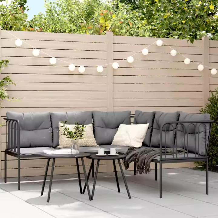 vidaXL Sofá de jardín con cojines forma de L acero y textileno negro - 1