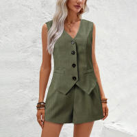 Conjunto Elegante De Verano Para Mujer Con Chaleco Sólido Y Shorts De Cintura Alta Slim Sin Mangas Top+Shorts Casual Para Oficina 2 Piezas - details 11
