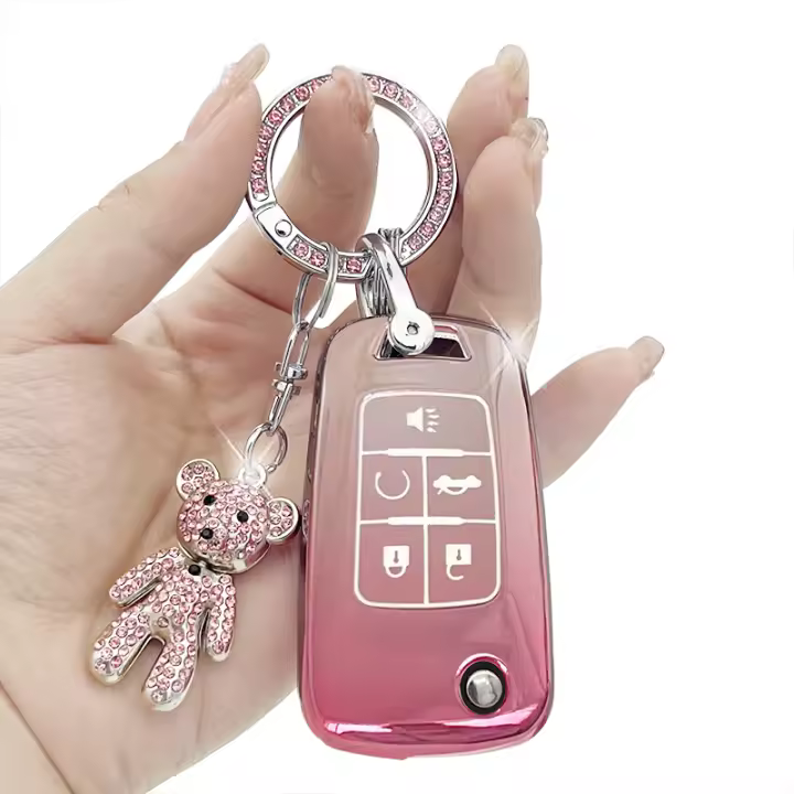 Llavero De Coche Exquisito Con Diamante Artificial De Oso Violento De Alta Gama Funda De Llave Suave En TPU Color Rosa Cerezo - 1