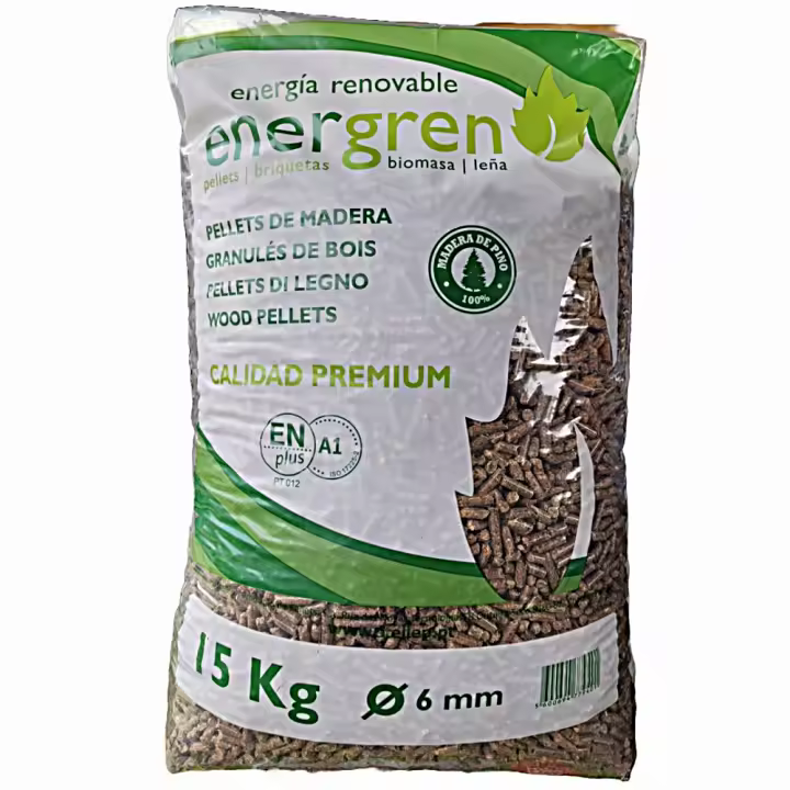 Energren Saco de pellets de Madera 15kg. Certificado ENplus y Calidad A1. Ideal para chimeneas, Estufas o barbacoas. Diametro 6 mm. 100% Madera de Pino. - 1
