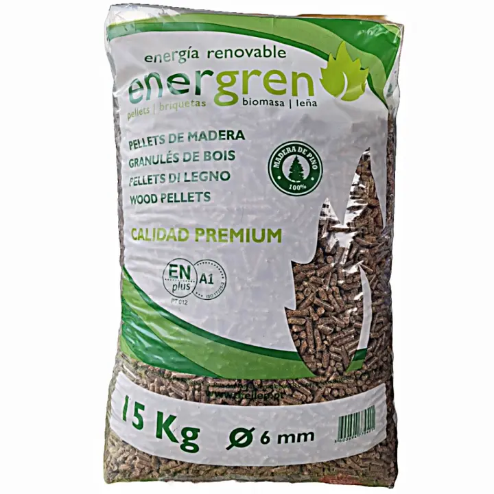 Energren Saco de pellets de Madera 15kg. Certificado ENplus y Calidad A1. Ideal para chimeneas, Estufas o barbacoas. Diametro 6 mm. 100% Madera de Pino. - 1