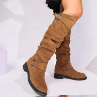 Botas De Rodilla Altas Cómodas Y Elegantes Con Diseño Redondo Y Hebilla Cierre Fácil Para Mujer Estilizada Con Forro De Peluche Material De La Parte Superior De Terciopelo Suave Para Uso Casual - details 17