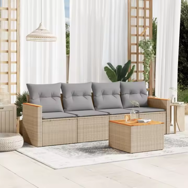 vidaXL Juego de sofás jardín con cojines beige mezcla 5 pzas ratán PE - 1