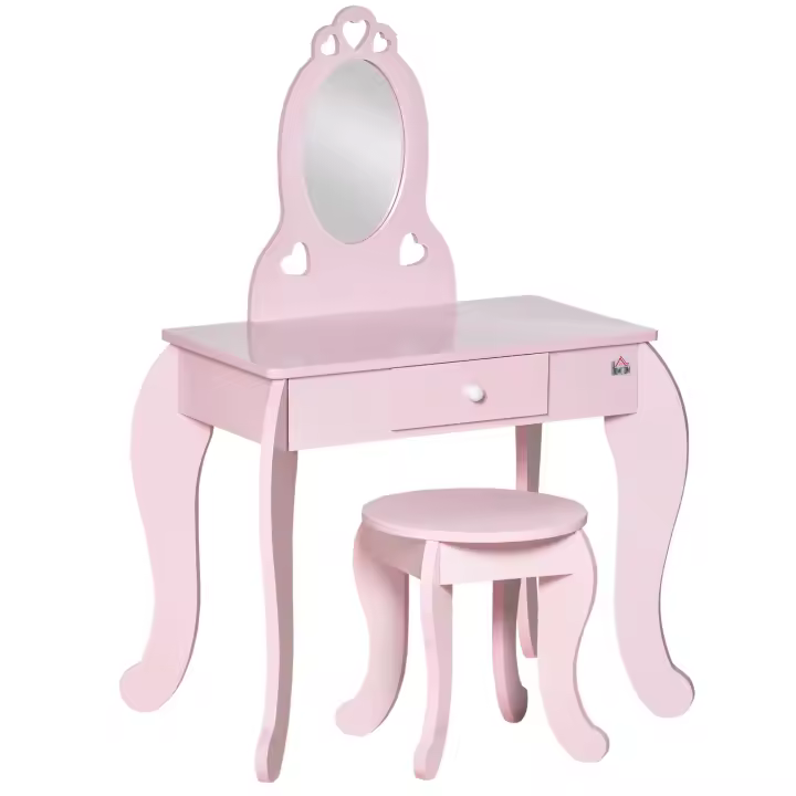 HOMCOM Tocador Infantil de Madera para Niñas de 3-6 Años con Taburete y Espejo Tipo Princesa Mesa de Maquillaje para Niñas con Cajón para Dormitorio 60x36x88 cm Rosa - 1