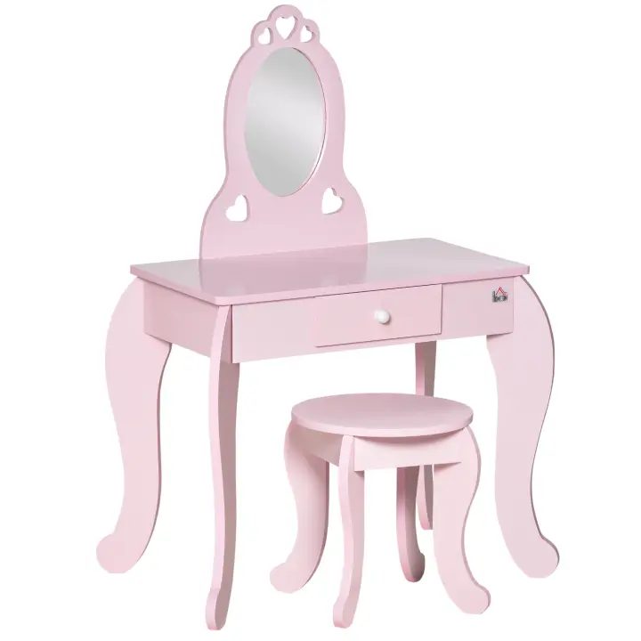 HOMCOM Tocador Infantil de Madera para Niñas de 3-6 Años con Taburete y Espejo Tipo Princesa Mesa de Maquillaje para Niñas con Cajón para Dormitorio 60x36x88 cm Rosa - 1