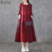 Vestido Midi De Lino Y Algodón ZANZEA Para Mujer Estilo Vintage Cuadros Manga Corta Cuello Redondo Vestidos Casual Verano Con Bolsillos Longitud Hombro a Hombro - details 6