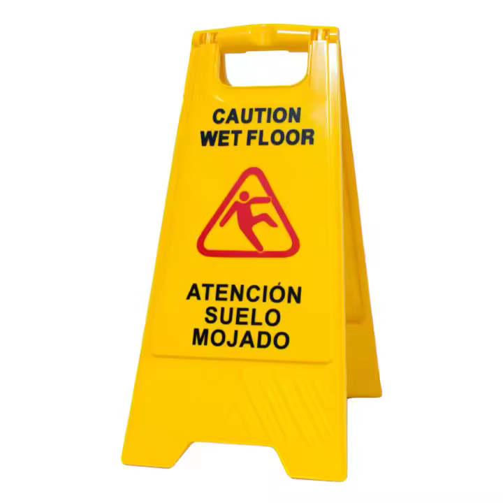 PAMEX Señal de Suelo Mojado en Castellano e Inglés. Cartel Plegable Señalización Advertencia Mojado Color Amarillo. Advertencia Superficie Resbaladiza. - 1
