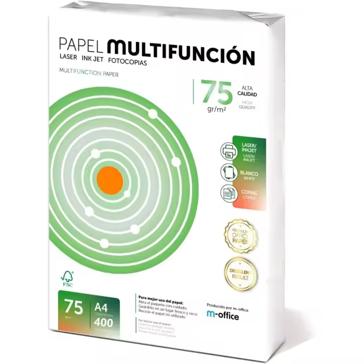 Folios A4 75gr 400 hojas, Papel Multiusos para Impresora, Folios para Impresoras Laser y de Inyección, Fotocopiadora, Fax, Para uso Oficina, Material Escolar, Paquete folios. m-office - 1