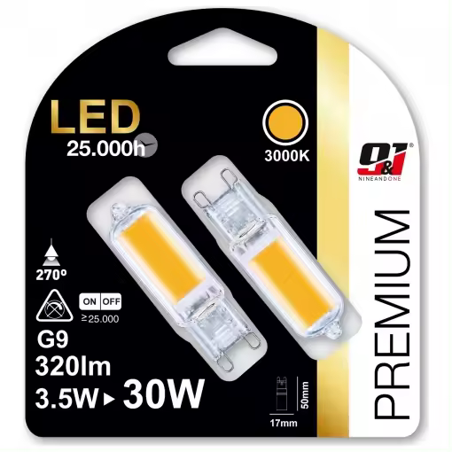 ORION91 Pack x 12 unidades Bombilla Led Bi-Pin Jc Cob G9 3,5w 320lm 3000k 25000h Nine&One Premium Potencia Equivalente a 30w - 1