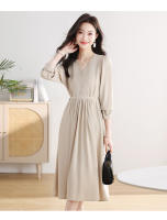 EVNISI Vestido Elegante Para Mujer En Caqui Con Cuello V Y Botones Slim Para Oficina Manga Larga A-line Casual Para Fiesta - details 2