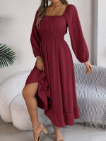 Vestido Largo Elegante De Verano Con Cuello Cuadrado Y Mangas Largas Para Damas De Honor Vestido De Mujer Con Borde Volante Y Cintura Alta - details 27
