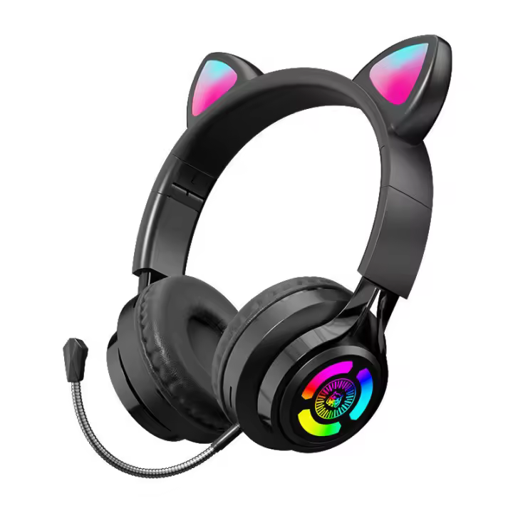 PORCHEDDU Auriculares con orejas de Gato y Luz LED RGB para niños y niñas, Cascos inalamstricos with Bluetooth 5,3 para juegos, PC - 1