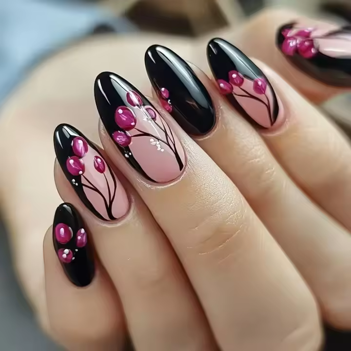 24 Piezas De Arte De Uñas Con Armadura Fondo Negro Misterioso Y Rosas Rosa Flores Flexibles Presión De Uñas Postizas Material RESIN - 1
