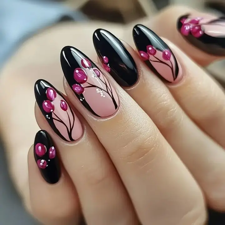 24 Piezas De Arte De Uñas Con Armadura Fondo Negro Misterioso Y Rosas Rosa Flores Flexibles Presión De Uñas Postizas Material RESIN - 1