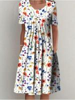 Vestido Corto Elegante Para Mujer Con Cuello Redondo Y Estampado Manga Corta Primavera Verano A-Line Midi Polyester - details 0