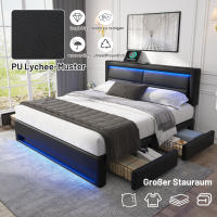 [Selección de Hogar🎁] Cama Tapizada 140x200 cm Negro - Patrón Lichi PU | Carga Eléctrica + USB, Iluminación LED Y 4 Cajones de Almacenamiento (Sin Colchón) - details 3