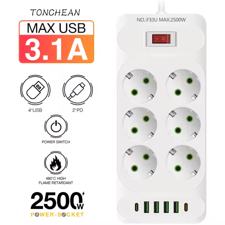 Ragleta de Cocina 6 Tomas Y 4 USB with 2 USB C, 12 en 1 Eléctrica, Recleta para Hogar Oficina - 1