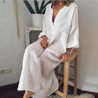 Vestido Casual De Algodón Lino Para Mujer Manga Larga Cuello V Midi Verano Elegante Holiday Weekend Street Dresses - details 2