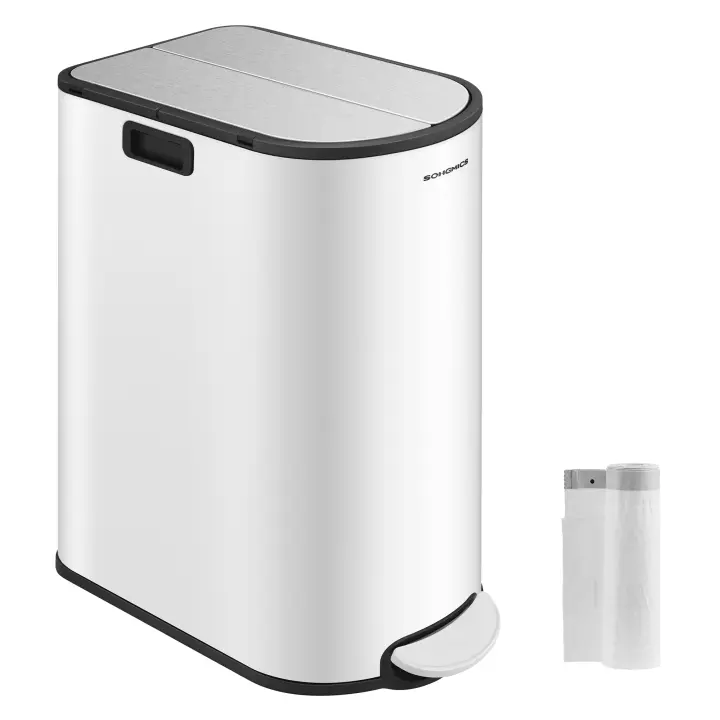 SONGMICS Cubo de Cocina Doble, 30 L y 20 L Doble Compartimento para Reciclaje y Basura, Cubo Basura Pedal con Tapa de Alas, Blanco Nube y Plata Metálico/Negro Tinta y Plata Metálico/Plata Metálico - 1