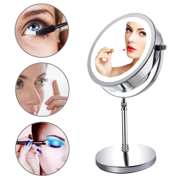 Espejo de maquillaje con lupa 1X/10X, 7 pulgadas de doble cara luz blanca LED sombra libre LED espejo de vanidad, batería y cable USB alimentado (incluye 3) - 1