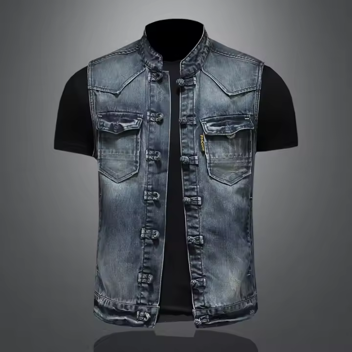 Chaleco De Mezclilla Casual Para Hombre Estilo 2025 Moda Elegante Color Sólido Con Hebilla Alta Calidad Boutique Todo Incluido - 1