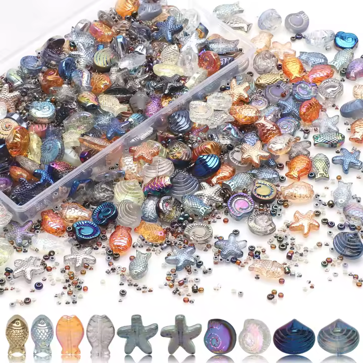 Kit De Manualidades Para Collares Y Pulseras DIY 150 Piezas Estrella De Mar Concha Pez Pequeño Cristal Colgante 18g 2-3 Granos De Vidrio - 1