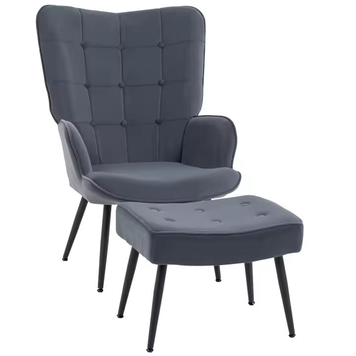 HOMCOM sillón reclinable con reposapiés, sillón con taburete, sillón reclinable, sillón con reposabrazos, silla de comedor con funda de terciopelo para salón, gris oscuro - 1