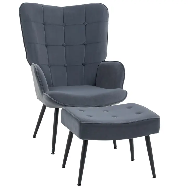 HOMCOM sillón reclinable con reposapiés, sillón con taburete, sillón reclinable, sillón con reposabrazos, silla de comedor con funda de terciopelo para salón, gris oscuro - 1