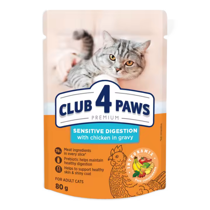 Comida húmeda completa para gatos adultos CLUB 4 PAWS PREMIUM- "Digestión sensible",PACK 24*80g - 1