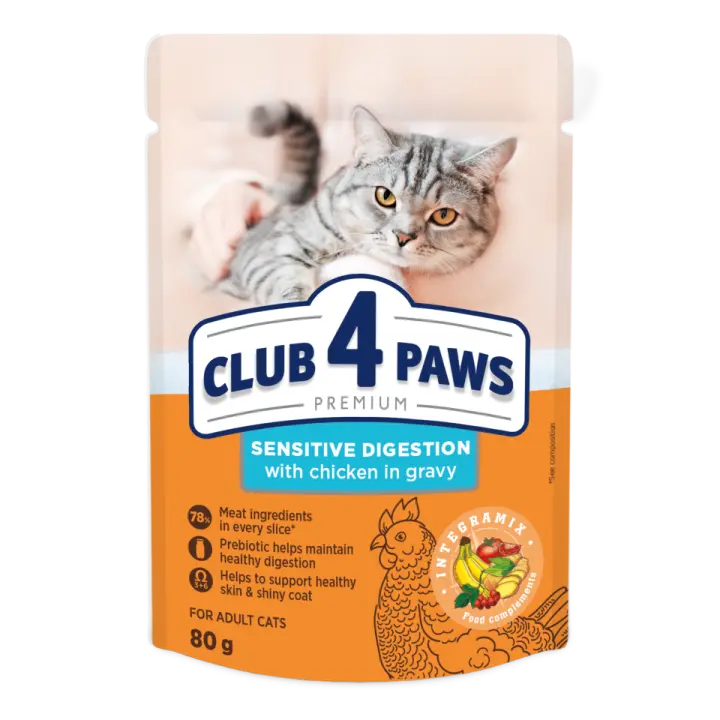 Comida húmeda completa para gatos adultos CLUB 4 PAWS PREMIUM- "Digestión sensible",PACK 24*80g - 1