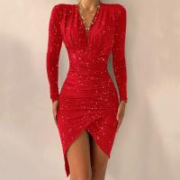 Vestido Elegante Para Mujer De Midi Con Cuello En V Manga Larga Y Aterciopelado Para Fiesta De Noche Y Banquete Vestido De Cocodrilo Con Abertura En La Pierna - details 1