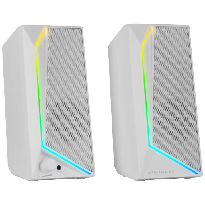 Mars Gaming MS72, Altavoces Gaming 15W, Iluminación RGB Flow, 2 Drivers Activos, Chipset DSP, Conexión Plug&Play USB y Jack 3.5mm, Rueda Control de Volumen y Puerto de Audio para Auriculares, Altavoces PC Negros o Blancos - 1