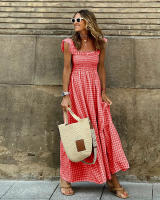 Vestido Elegante De Verano Para Mujer Con Patrón De Cuadros Y Suspensión Elástica Ajuste Suave Sin Mangas Cuello Abierto Longitud Hombro a Tobillo - details 12