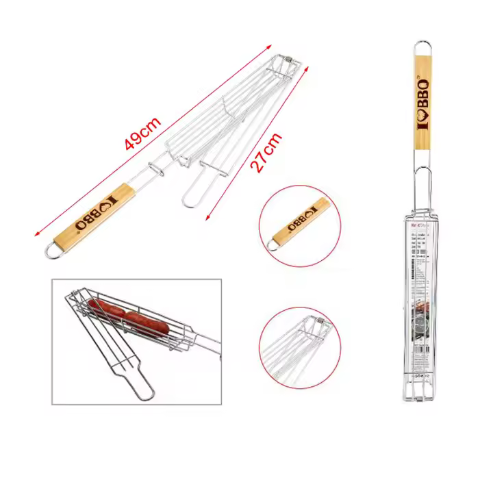 UD - Set 2 Rejilla para Barbacoa de Acero Inoxidable con Mango de Madera – 49cm – Parrilla Antiadherente para Salchichas, Chorizos o Verduras – Kmt Style - 1