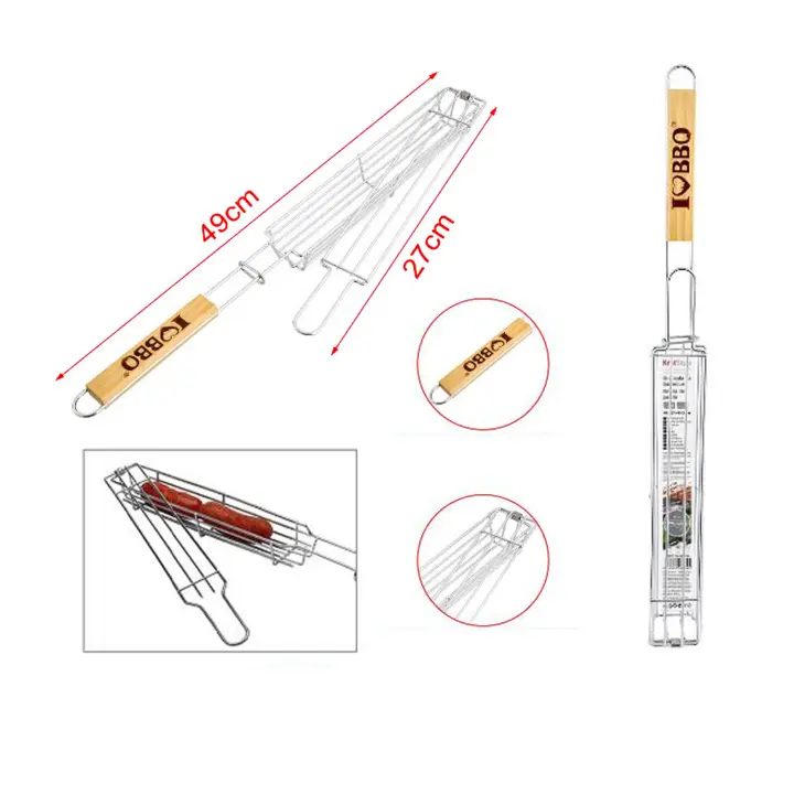 UD - Set 2 Rejilla para Barbacoa de Acero Inoxidable con Mango de Madera – 49cm – Parrilla Antiadherente para Salchichas, Chorizos o Verduras – Kmt Style - 1