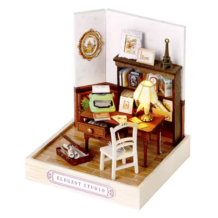 DAM. Colección Rincón de la felicidad, Estudio elegante. Maqueta 3D realista con gran detalle y luces led. 9x9x12cm. - 1