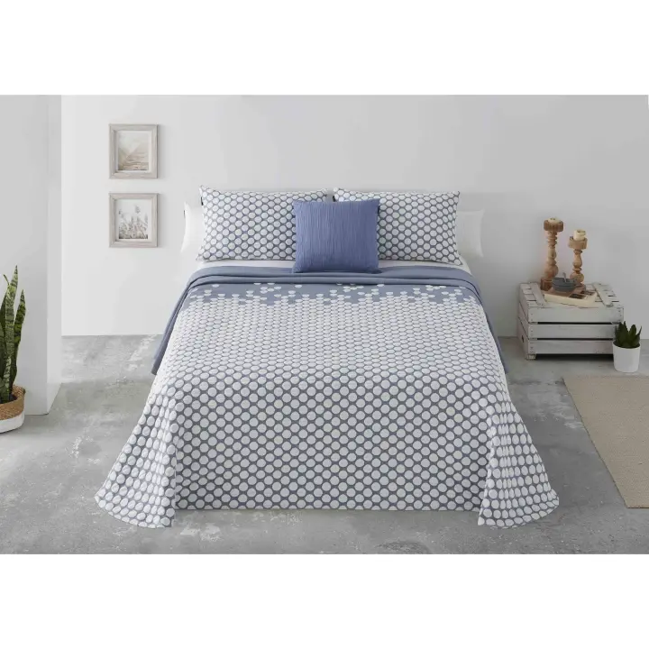 Manterol Outlet - Colcha cubrecama jacquard punkt lunares. Cubrecama de gama alta de telar. Tejido de alta calidad y duradero. Color gris, rosa, lino, azul y blanco. - 1