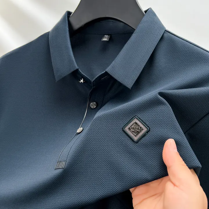 Camisa Polo De Verano Para Hombre Seda Suave Transpirable Manga Corta Bordada Estilo Coreano Moda Casual Camiseta De Cuello Redondo - 1