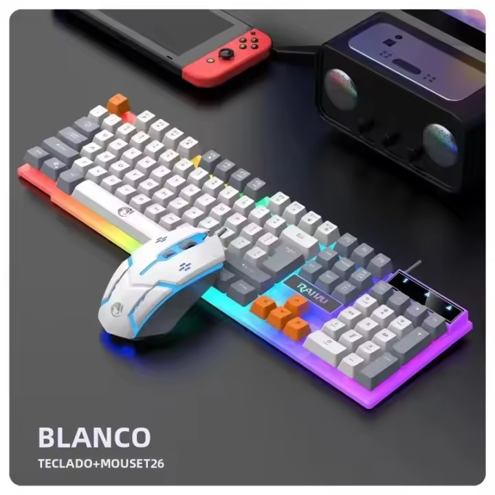 RAIKU T26 Teclado Membránico Con Cable De 104 Teclas Y Ratón Conjunto Para Juegos Y Oficina Con Iluminación Colorida Variada Compatible Con Windows E IOS - 1