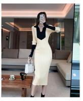 Vestido Elegante De Lana Con Bloque De Colores Y Encaje H Han Queen Para Oficina Y Fiesta Vestido Largo De Manga Larga Para Mujer Moda Otoño - details 7
