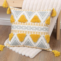 Funda De Cojín Geométrica Amarilla Con Borlas Para Decoración De Sofá Y Dormitorio Funda De Cojín Cuadrada Desmontable Y Lavable Estilo Mediterráneo - details 1