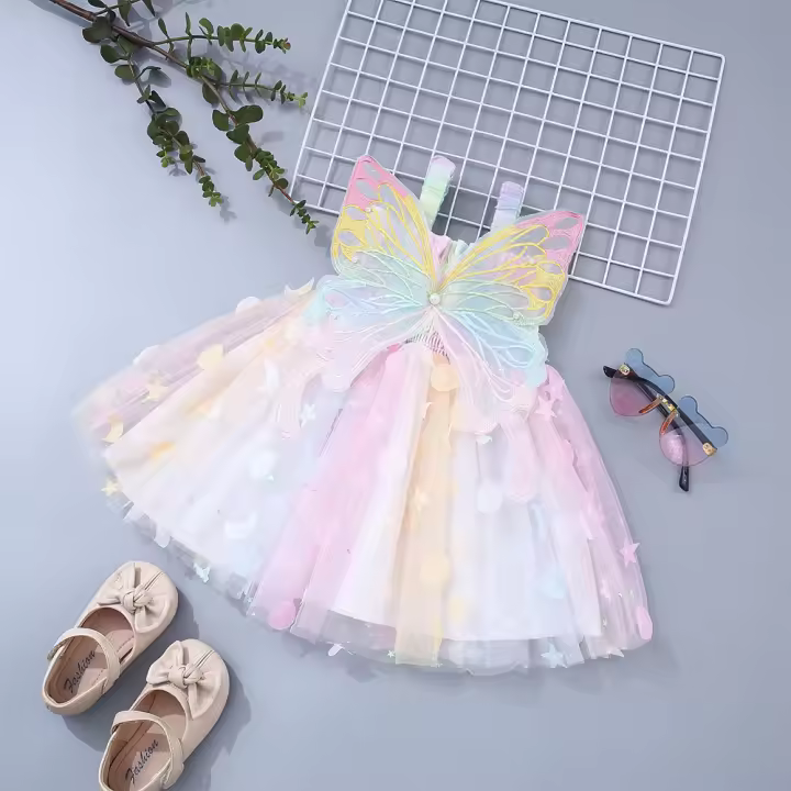 Vestido De Princesa Para Bebés Niñas Verano Con Alas De Mariposa En Malla Colorida Vestido De Cumpleaños Playa Para Niñas De 0 a 3 Años - 1