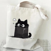 Bolso De Hombro Para Mujer Estilo Japonés Kawaii Con Gráfico De Gato Negro Bolso De Lona De Moda Con Dibujos De Gatitos Bolsa Suave De Polyester - details 6