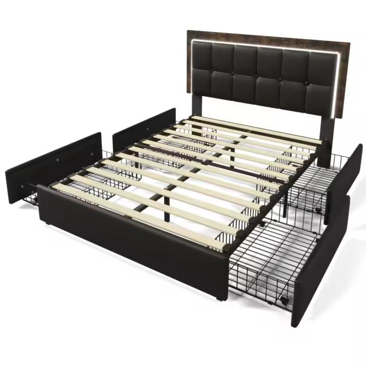 Cama Doble Tapizada 160x200 cm con Cabecera Ajustable + 4 Cajones + Tira LED RGB + Colchón Incluido-Diseño Functional PU Negro - 1