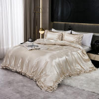 Set De Edredón Satinado 3PCS Colores Blanco Khaki Y Rosa Seda Suave Con Volantes Estilo Moderno Para Cama Conjunto De Ropa De Cama - details 22