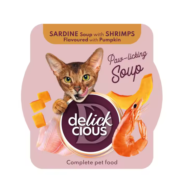 DELICKCIOUS - Sopa de Sardina con gambas y calabaza.  Alimento completo para gatos adultos. PACK 6 unds de 80g o 12 unds de 80 g - 1